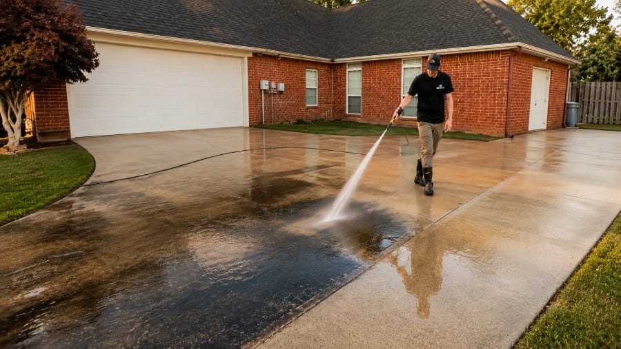 Technician rinsing a concrete driveway with a pressure washer at a single-story brick home