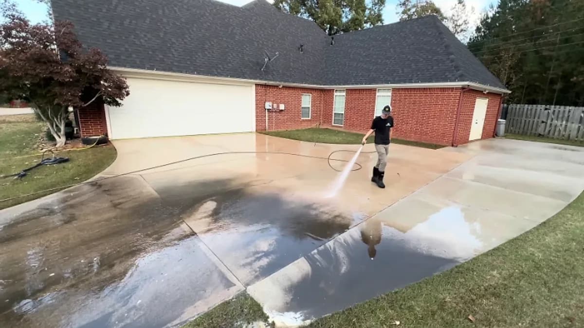 Technician rinsing a wide concrete driveway in front of a brick home