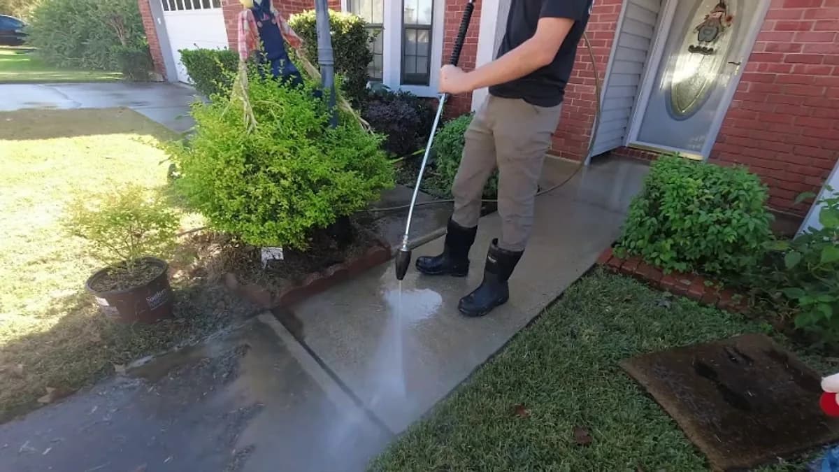 Technician pressure washing a concrete walkway beside the front door of a brick home